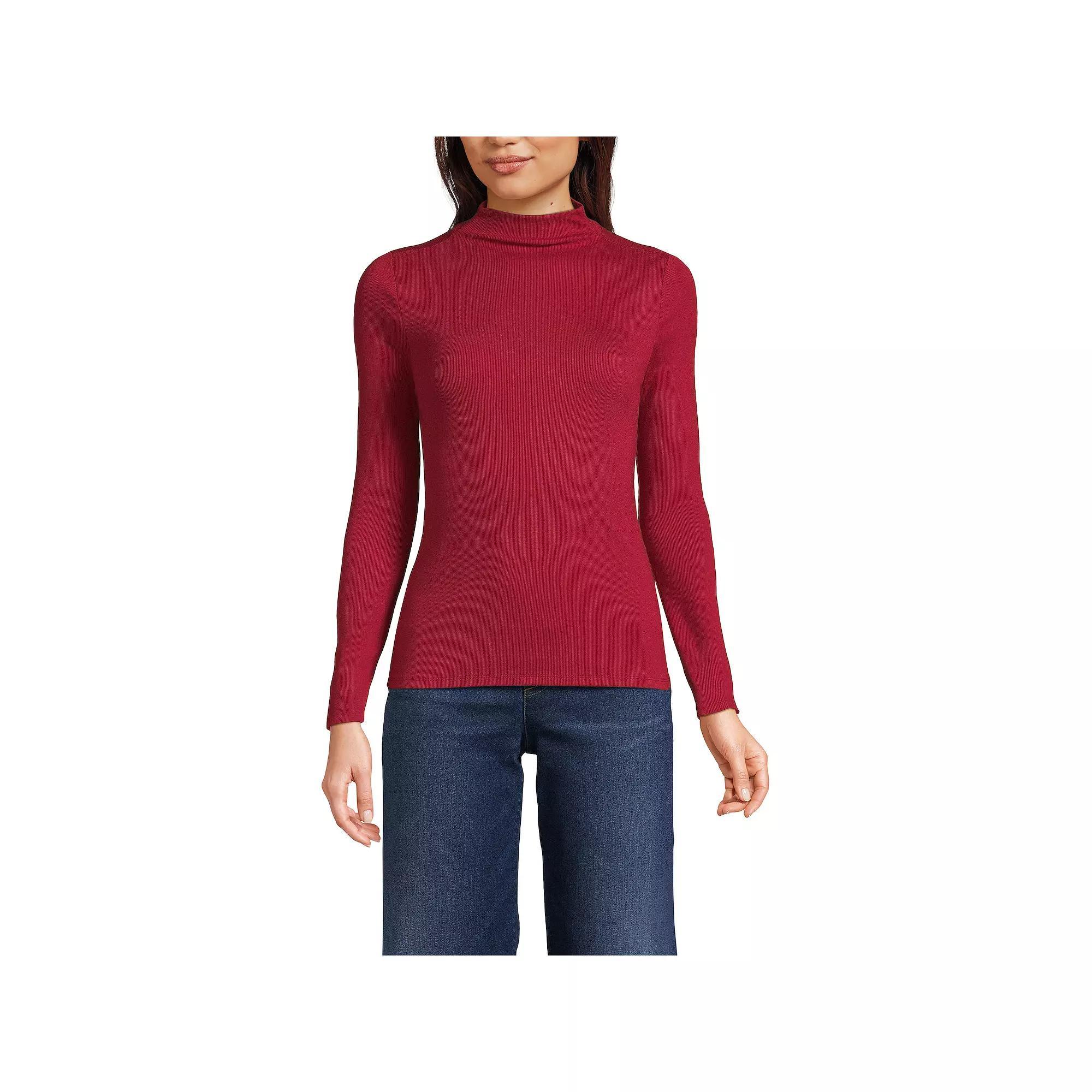 Women's Lands' End Rib Skimming Long Sleeve Mock Neck Top, Size: Medium, Red Red Product Image