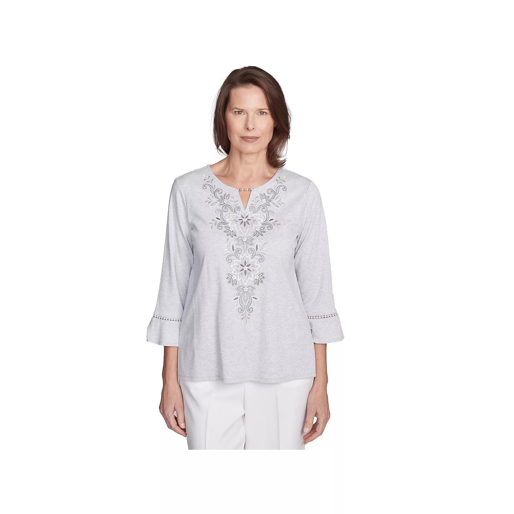 Women's Alfred Dunner Embroidered Scroll Bell Sleeve Top, Size: Small, Dove Gray Product Image