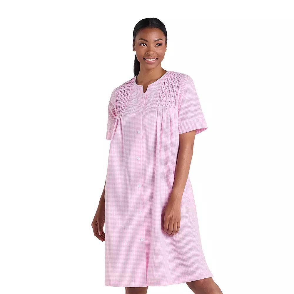 Women's Miss Elaine Essentials Seersucker Short Snap Robe, Size: Small, Pink White Check Product Image