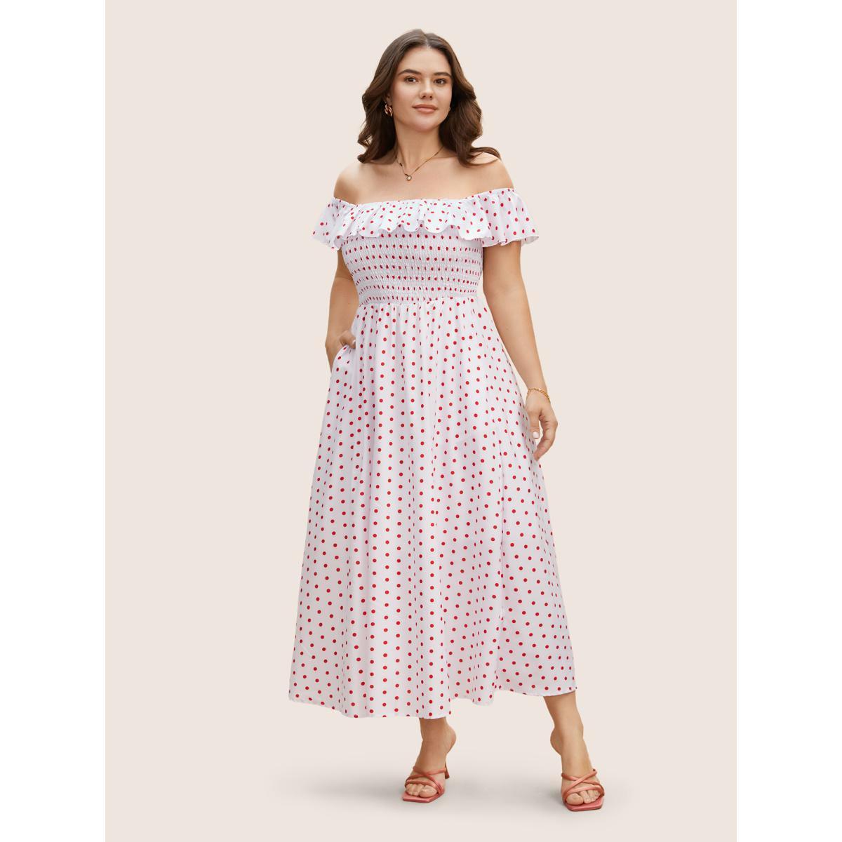 Plus Size Off Shoulder Polka Dot Shirred Ruffles Dress Originalwhite Women Elegant Shirred One-shoulder neck Short sleeve Curvy BloomChic 10/M Product Image