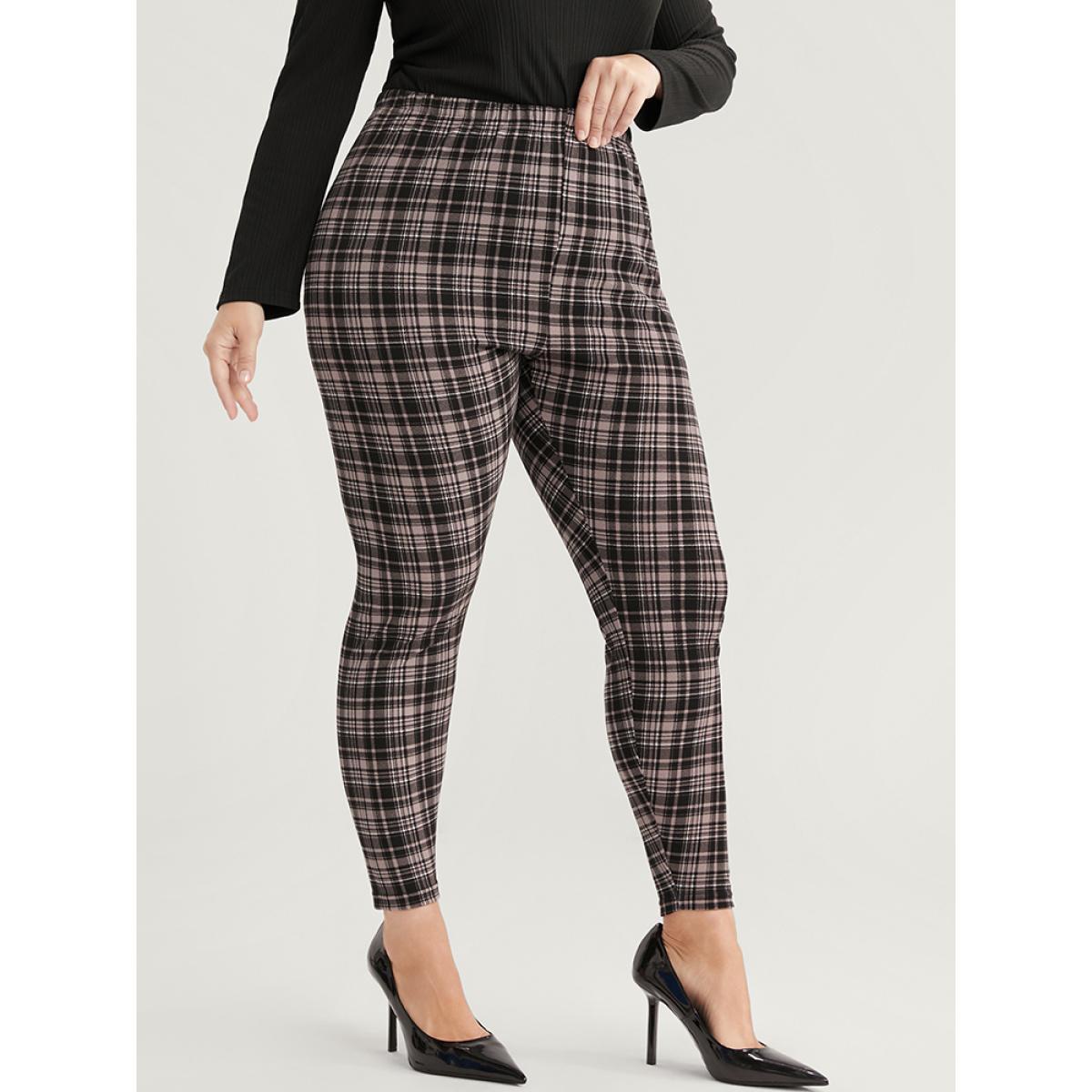 Plus Size Plaid Elastic Waist Skinny Pants Women LightBrown Elegant Skinny Mid Rise Dailywear Pants BloomChic 28/5X Product Image