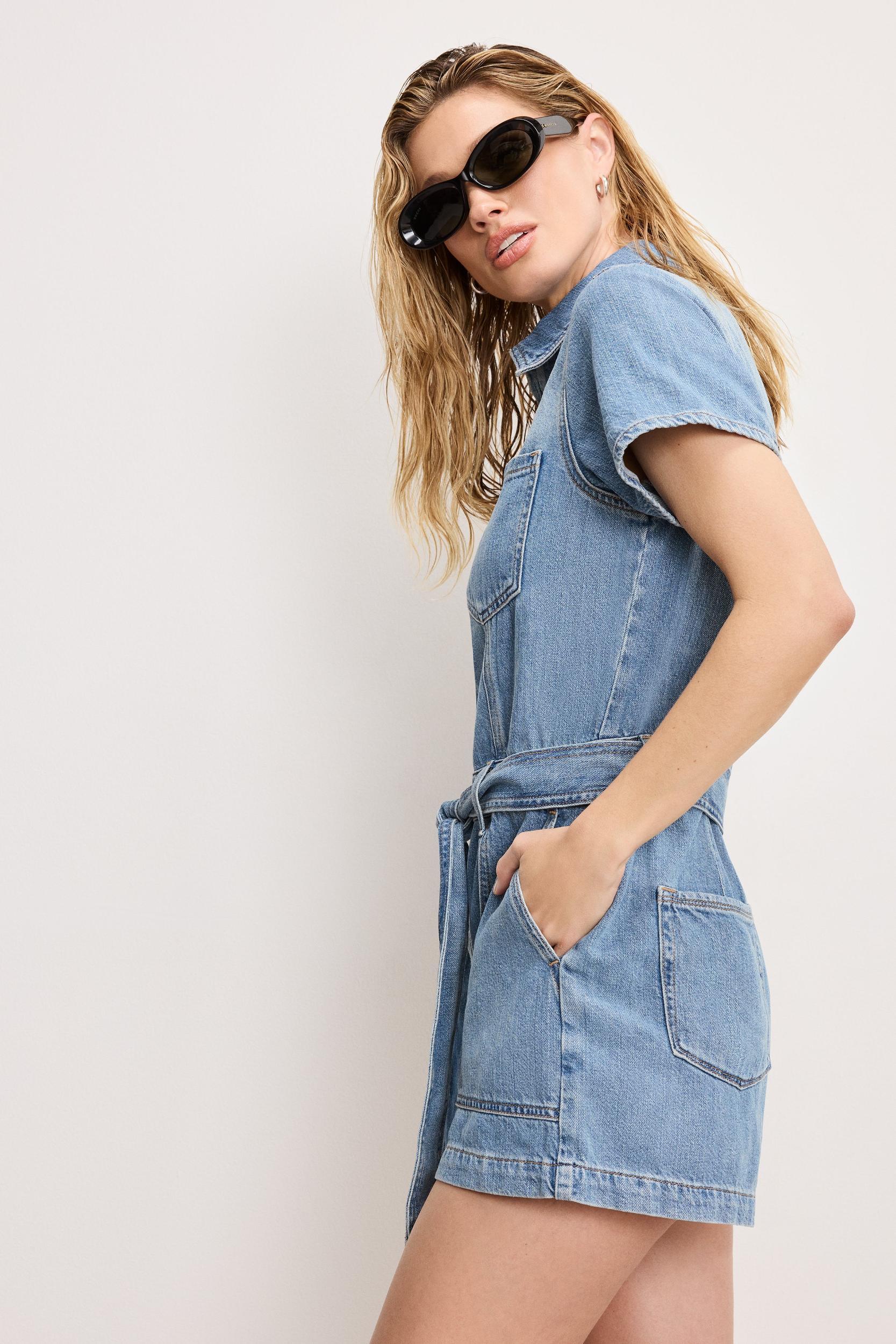 FIT FOR SUCCESS LITE LINEN DENIM SHORTS JUMPSUIT | INDIGO786 Product Image