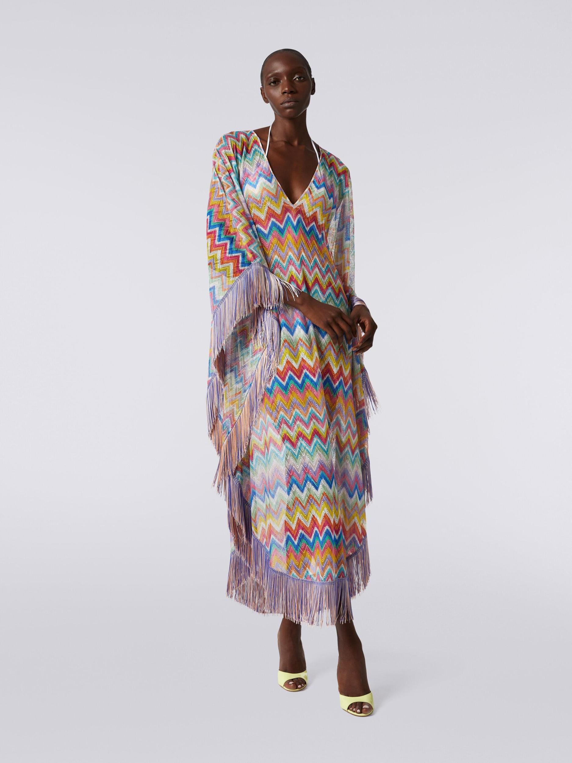 Long cover-up kaftan with zigzag print and fringes Product Image