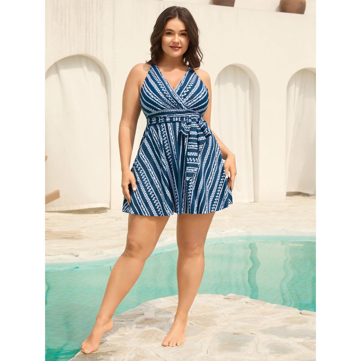 Plus Size Anti-Float Ties Boho Belted Swim Dress Women's Swimwear Aegean Beach Bodycon Overlap Collar High stretch Curve Swim Dresses BloomChic 30/6X Product Image