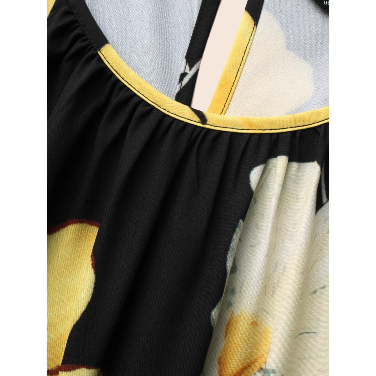 Plus Size Floral Round Neck Gathered Belted Dress Black Women Elegant Gathered Round Neck Long Sleeve Curvy BloomChic 22-24/3X Product Image