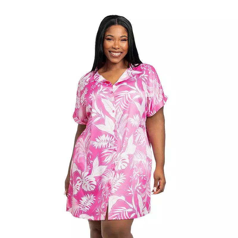 Plus Size Lilac+London Print Button Front Sleepshirt, Womens Product Image