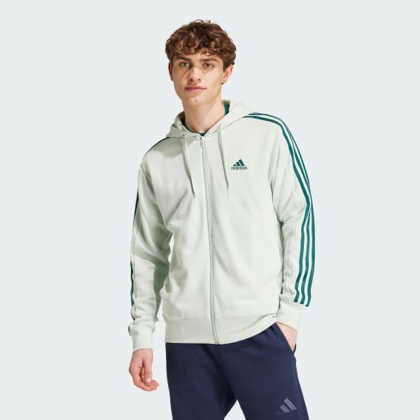 adidas Essentials French Terry 3-Stripes Full-Zip Hoodie Linen Green S Mens Product Image