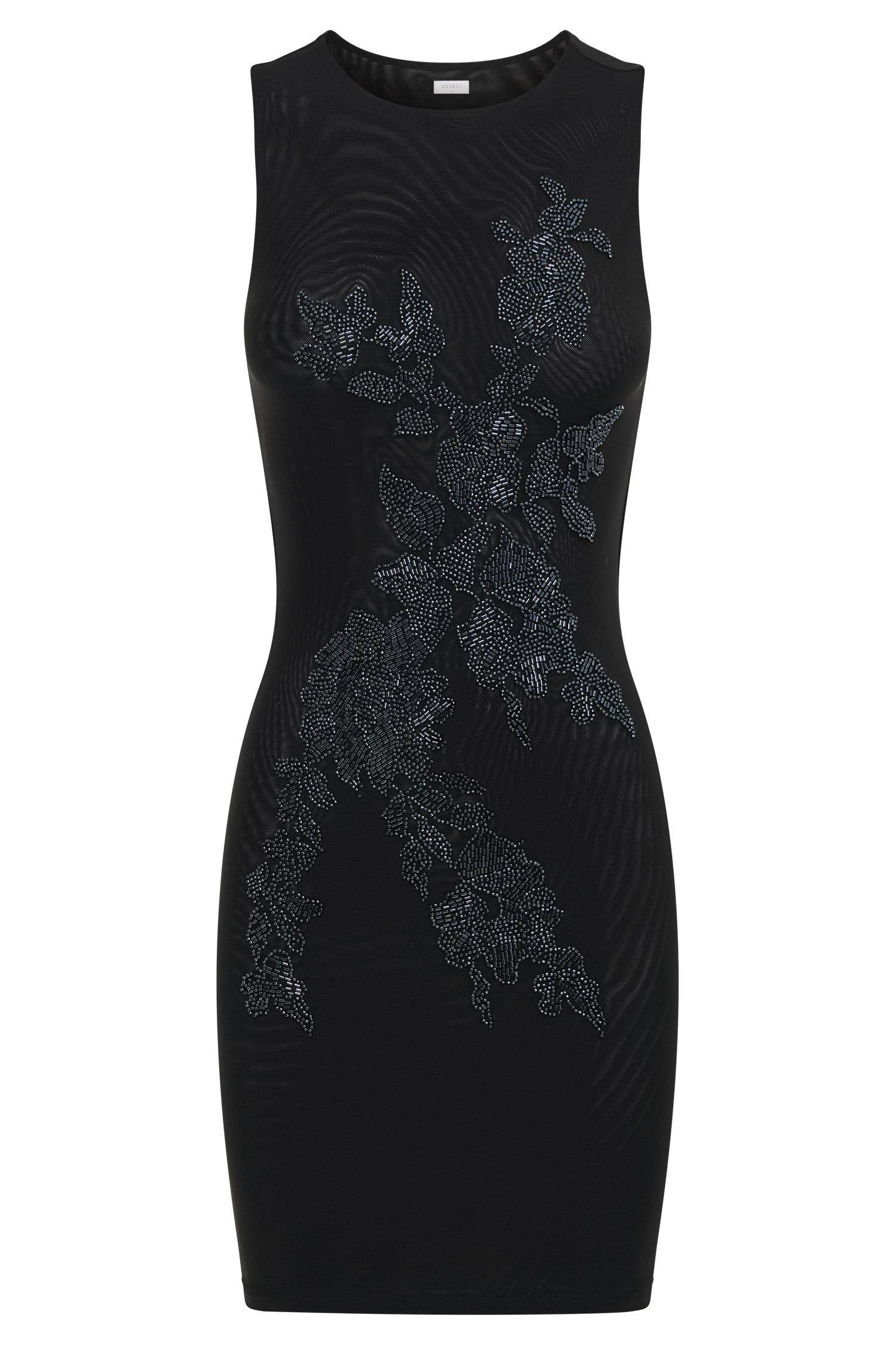 Liliana Beaded Flower Mesh Mini Dress - Black Product Image