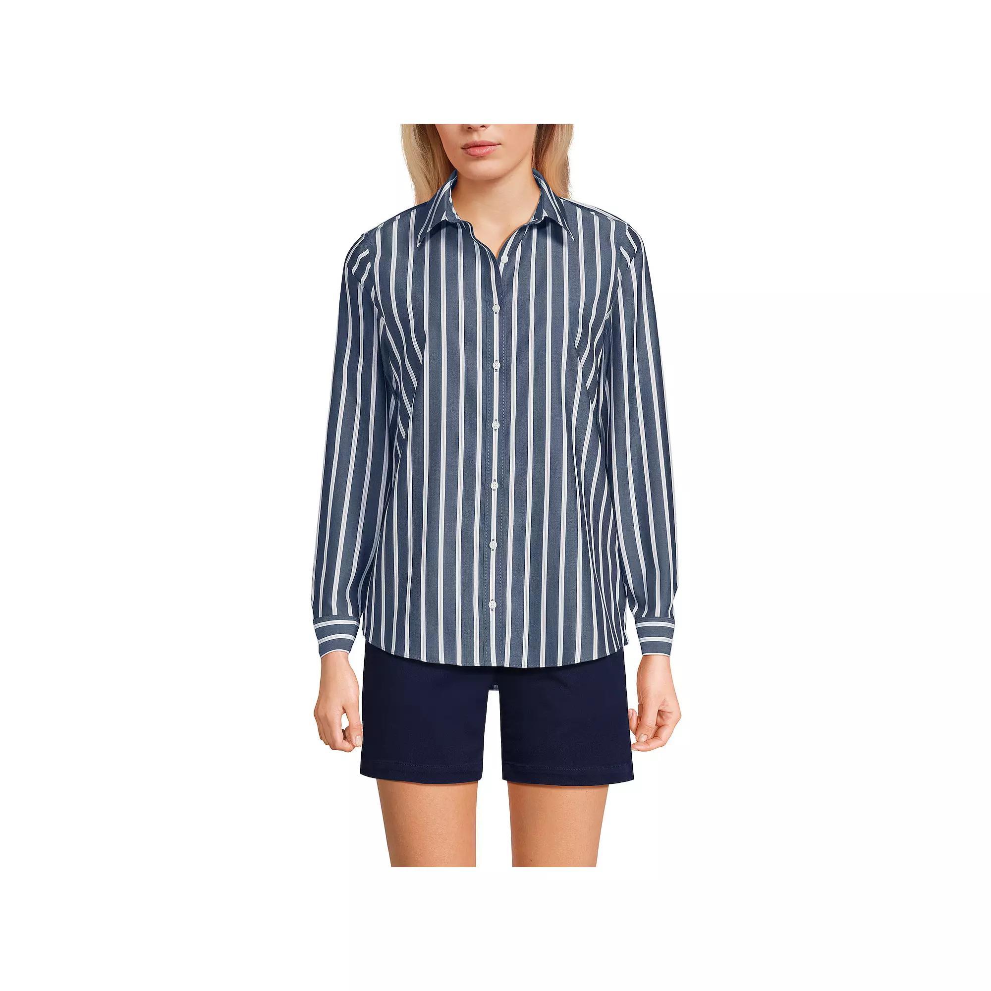 Women's Lands' End No-Iron Long Sleeve Supima Cotton Shirt, Size: 2, Navy White Stripe Product Image