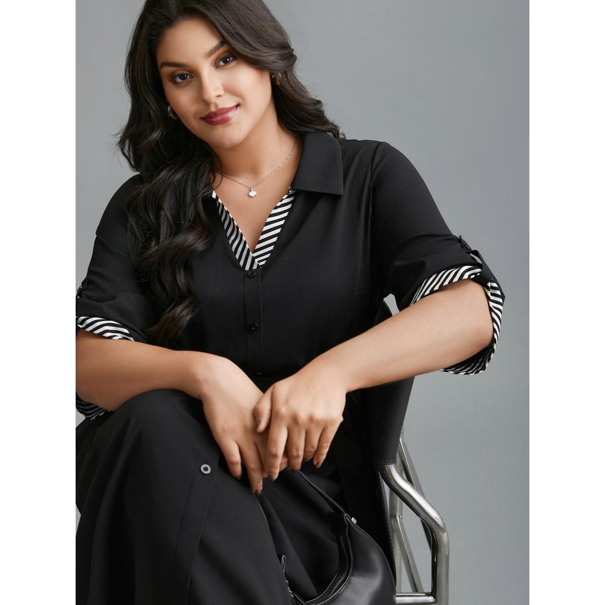 Plus Size Tab Sleeve Striped Belted Shirt Dress Black Women At the Office Belted Shirt collar Elbow-length sleeve Curvy BloomChic 26/4X Product Image