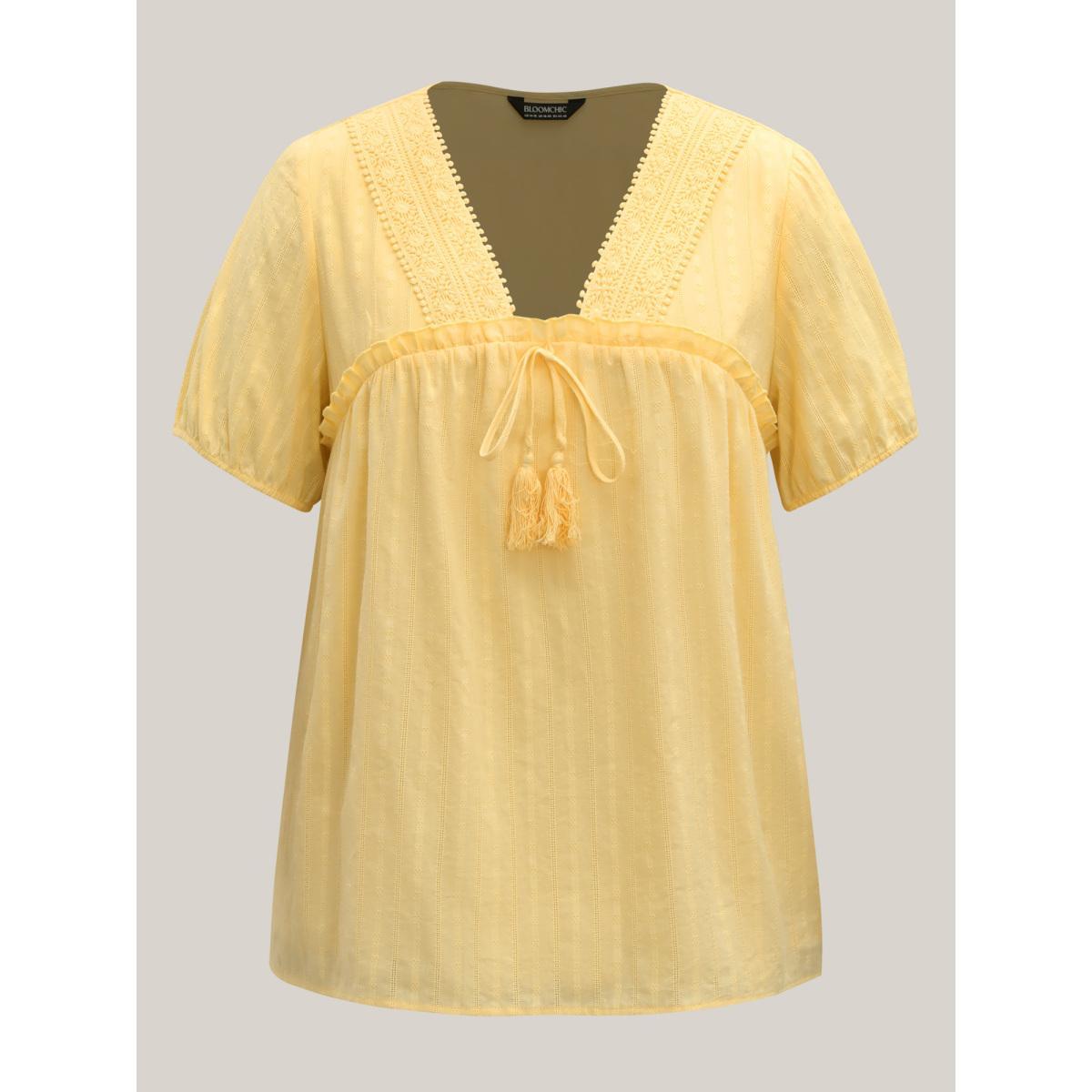 Plus Size Lightyellow Cotton Textured Lace Trim Neck-Tie Blouse Women Short sleeve V-neck Vacation Blouses BloomChic 12/L Product Image