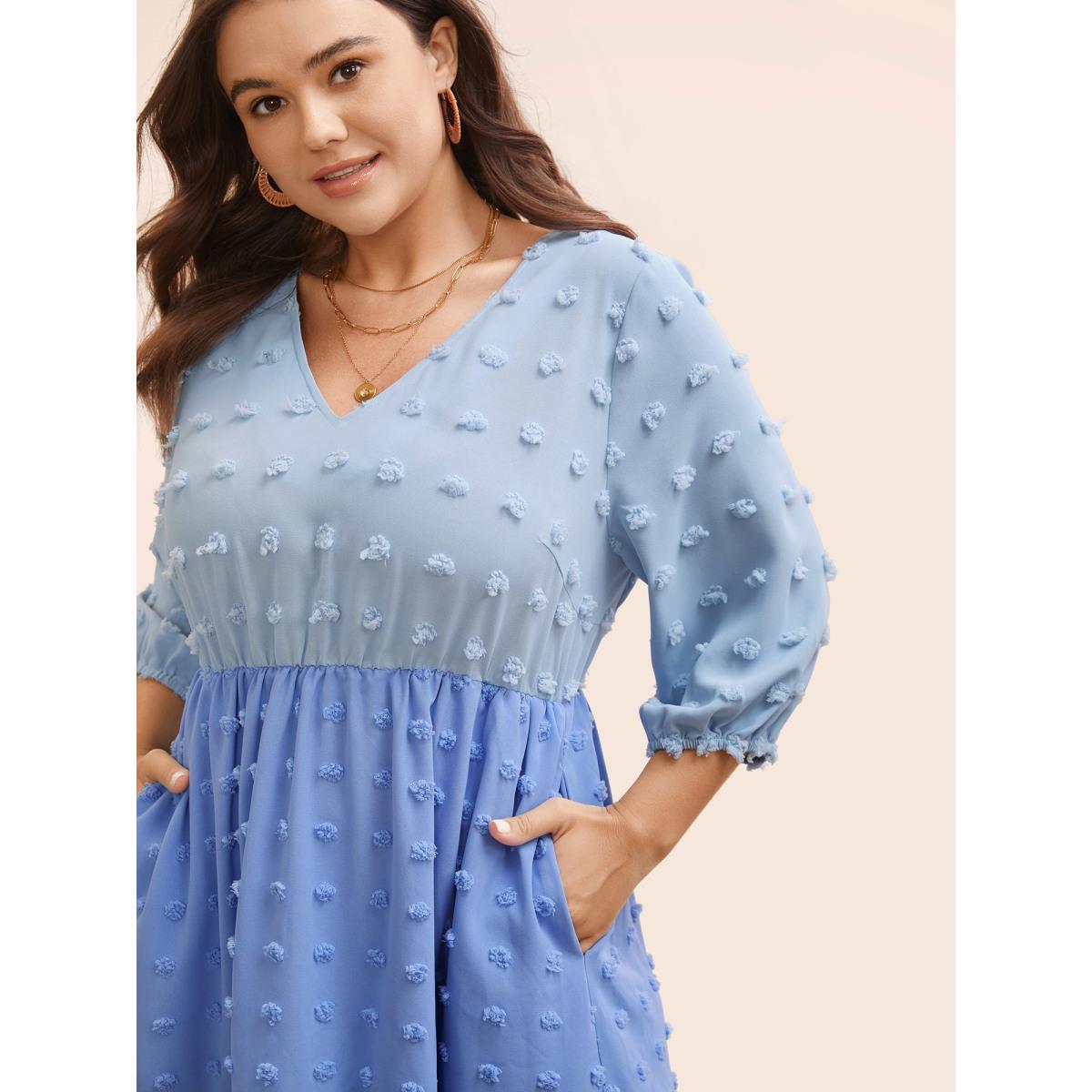 Plus Size Textured Colorblock Contrast Lantern Sleeve Dress LightBlue Women Elegant Texture V-neck Elbow-length sleeve Curvy BloomChic 10/M Product Image