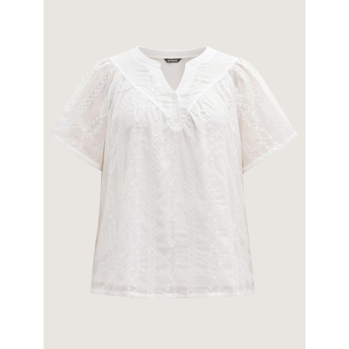 Plus Size Beige Embroidered Notched Collar Sheer Blouse Women Short sleeve Flat collar with V-notch Vacation Blouses BloomChic 22-24/3X Product Image