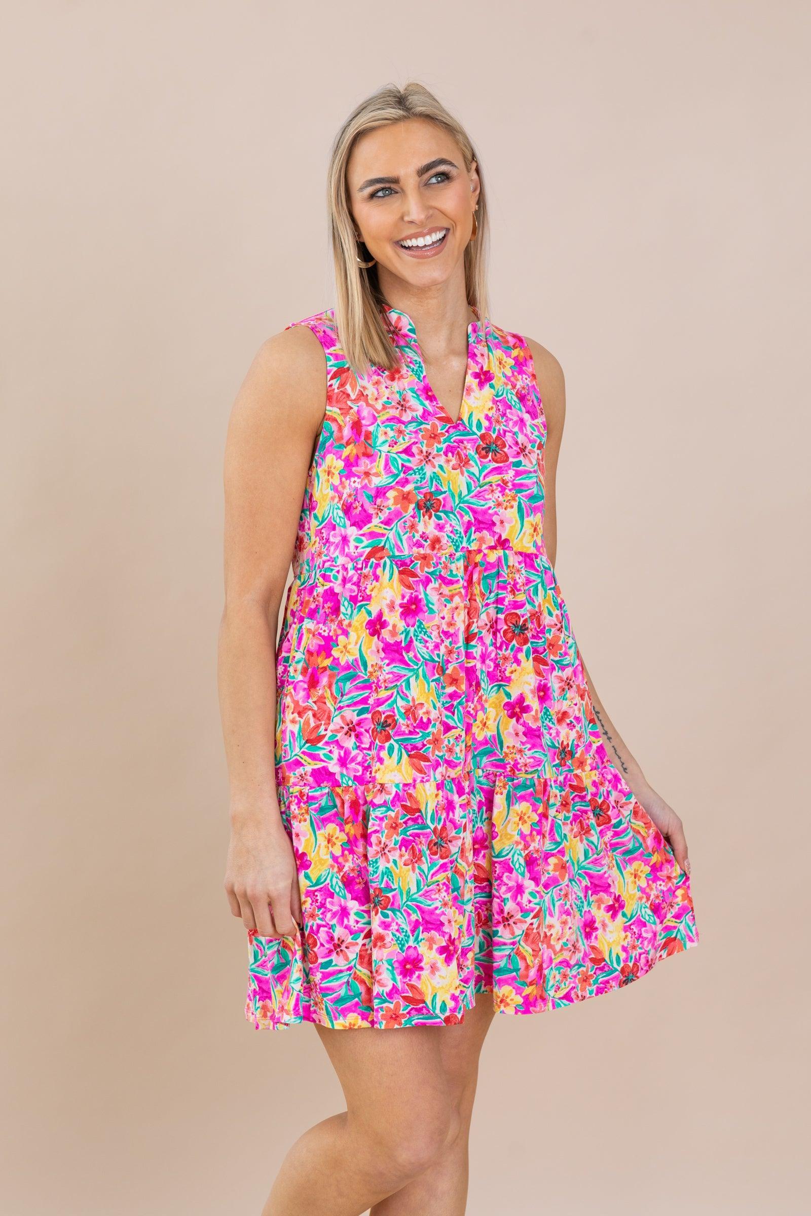 Fuchsia Floral Tiered Wrinkle Free Dress Product Image