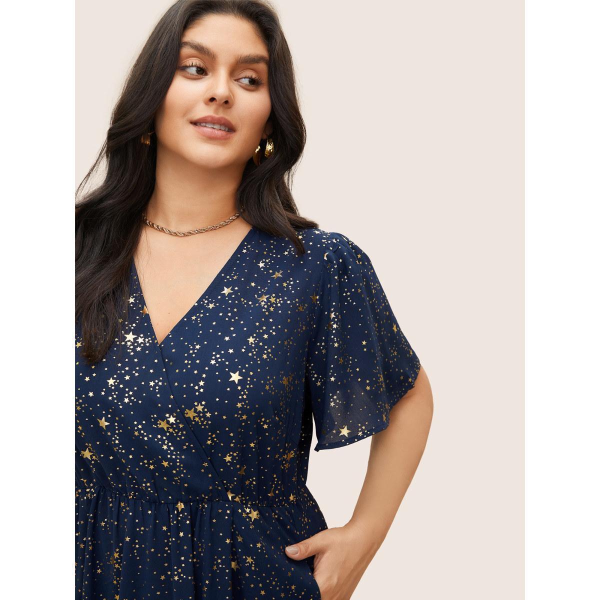 Moon and Star Galaxy Print Plus Size Dress Women Party Pocket Ruffle Sleeve Short Sleeve V Neck Pocket Going out Long Dress BloomChic Product Image