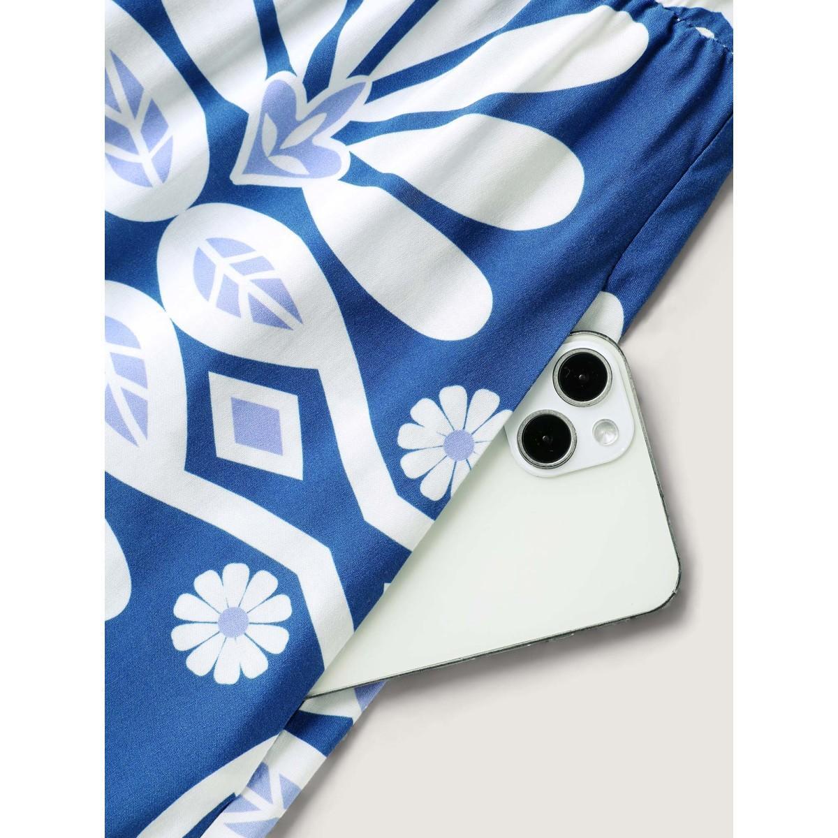 Plus Size Rayon Ornate Print Cinched-Waist Midi Dress Indigo Women V-neck Short sleeve Curvy BloomChic 14-16/1X Product Image