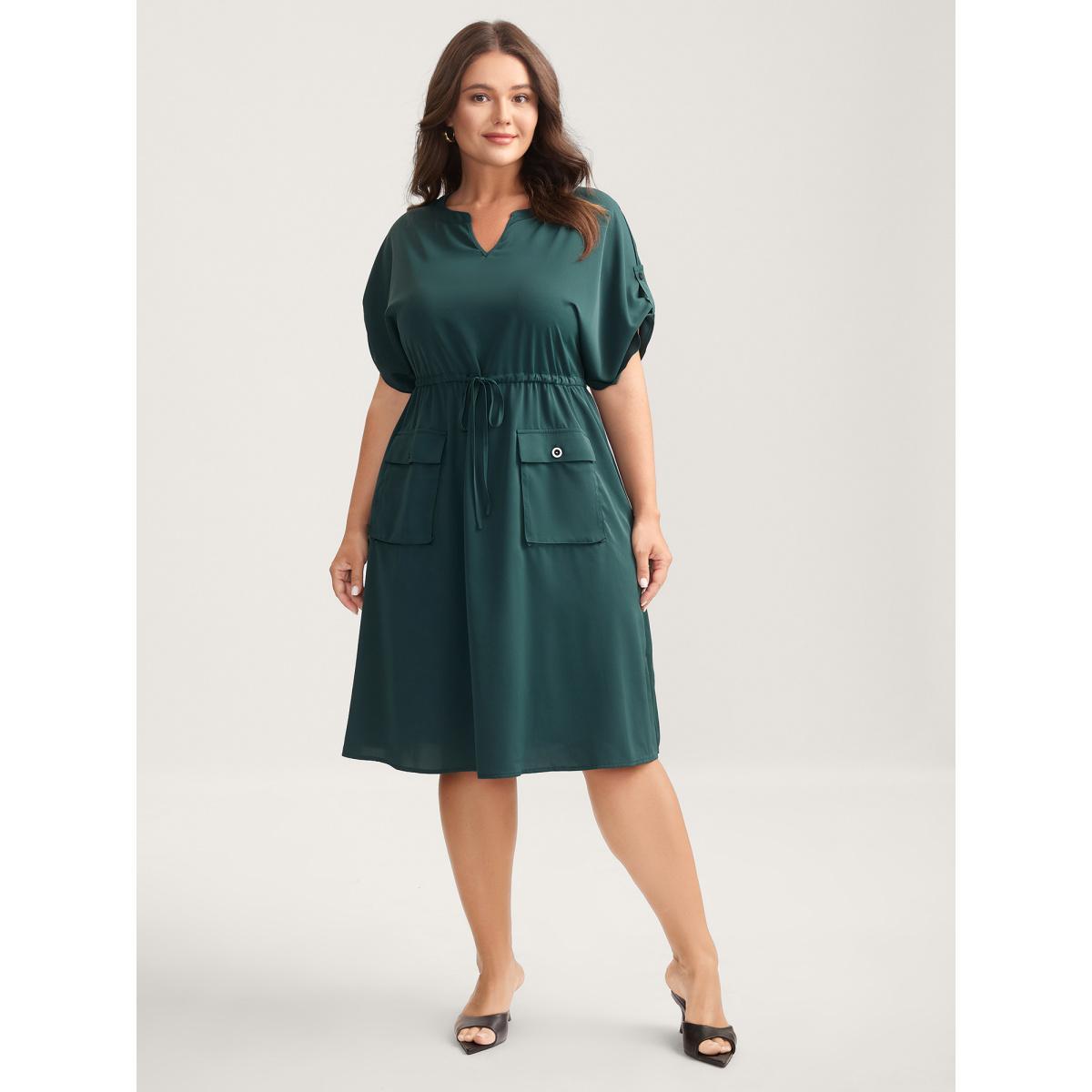 Plus Size Solid Waist Drawstring Pockets Midi Dress Cyan Women Flat collar with V-notch Half Sleeve Curvy BloomChic 14-16/1X Product Image