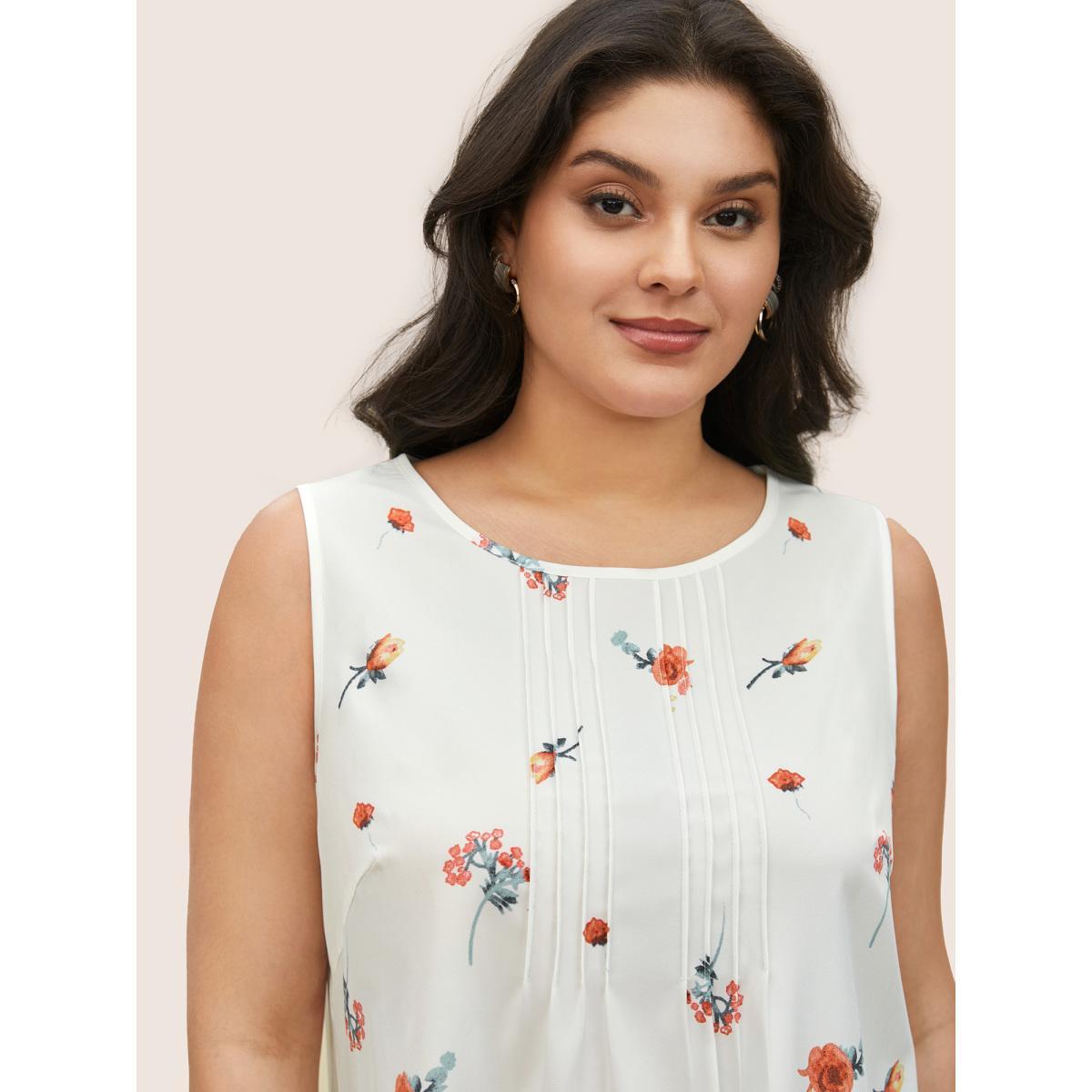 Plus Size Watercolor Floral Tucked Seam Tank Top Women Ivory Elegant Tucked seam Round Neck Everyday Tank Tops Camis BloomChic 22-24/3X Product Image