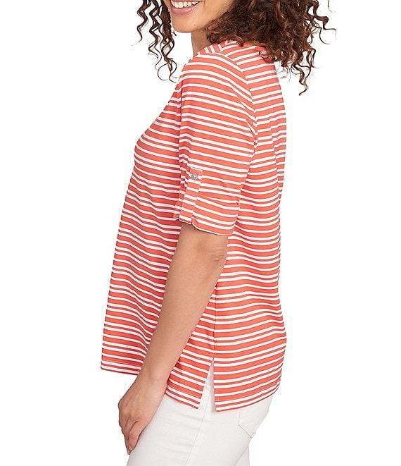 Ruby Rd. Knit Stripe Boat Neck Short Roll-Tab Sleeve Top Product Image