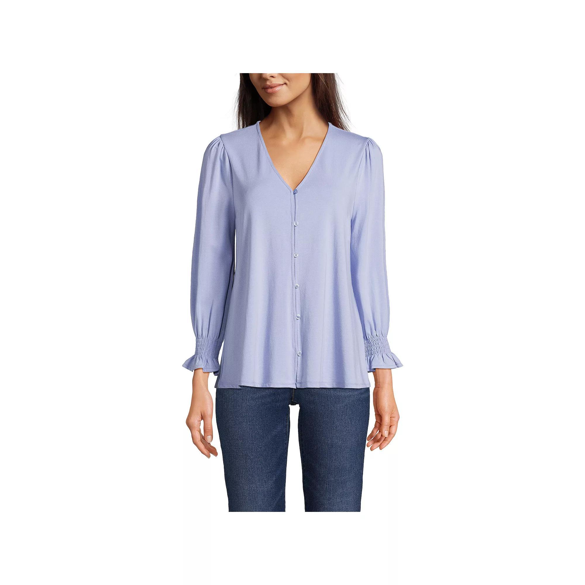 Petite Lands' End 3/4 Sleeve Lightweight Jersey Button Front Top, Women's, Size: Small Petite, Deep Green Product Image