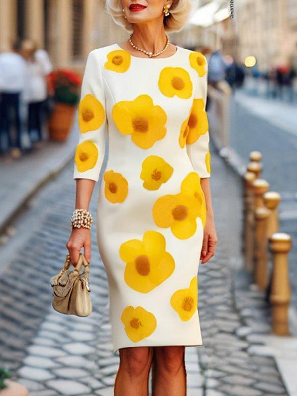 Three-Quarter Sleeves Flower Print Round-Neck Midi Dresses Product Image