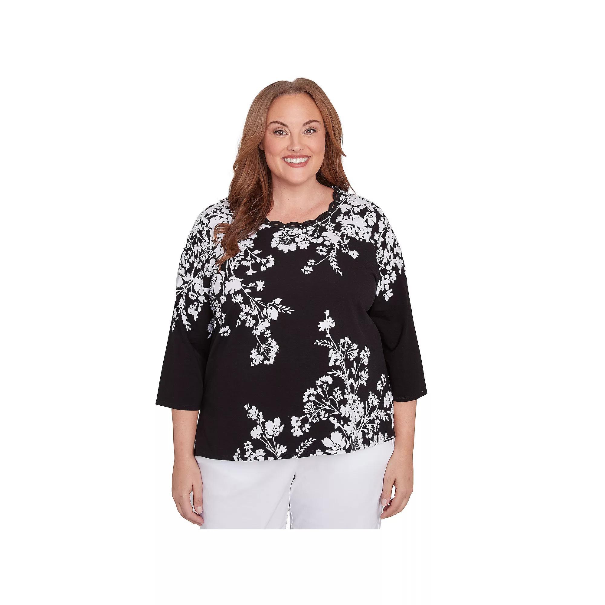 Plus Size Alfred Dunner Asymmetric Floral Monotone Crewneck Top, Womens Product Image