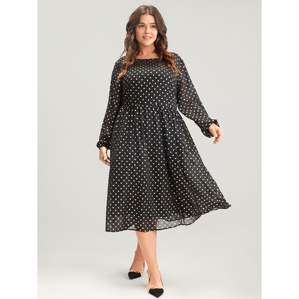 Plus Size Polka Dot Mesh Lantern Sleeve Flutter Round Neck Midi Dress Black Women Party See through Round Neck Long Sleeve Curvy Midi Dress BloomChic 28/5X Product Image
