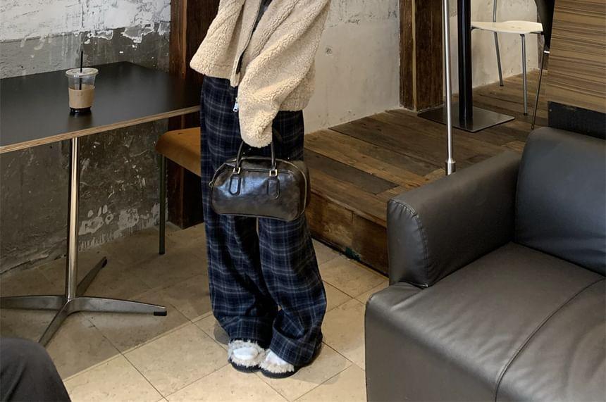 Hooded Plain Fleece Zip Up Jacket / Mid Waist Plaid Wide Leg Pants Product Image