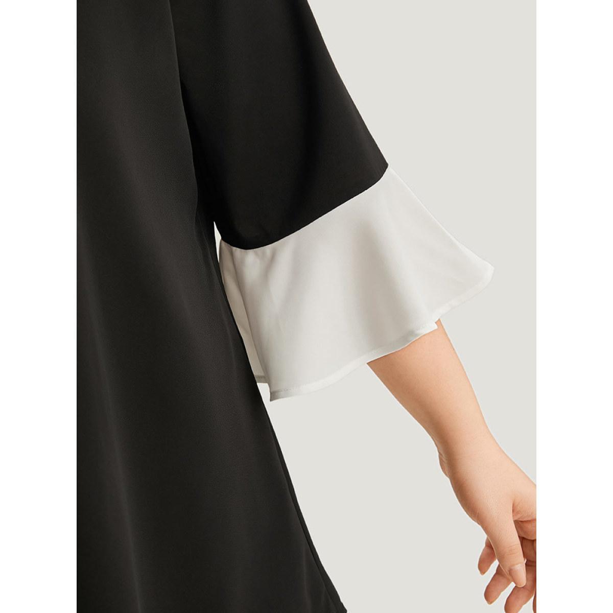 Plus Size Black Anti-Wrinkle Contrast Zip Up Flutter Sleeve Hanky Hem Blouse Women Office Half Sleeve Round Neck Work Blouses BloomChic 14-16/1X Product Image