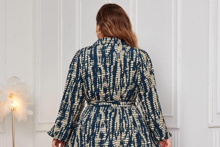 Long Sleeve Collared Patterned Print Maxi A-Line Shirt Dress Product Image