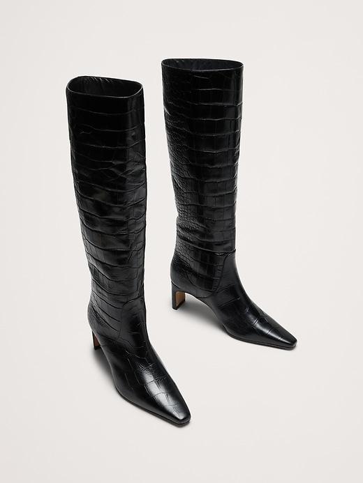 Italian Embossed Leather Mid-Heel Boot Product Image