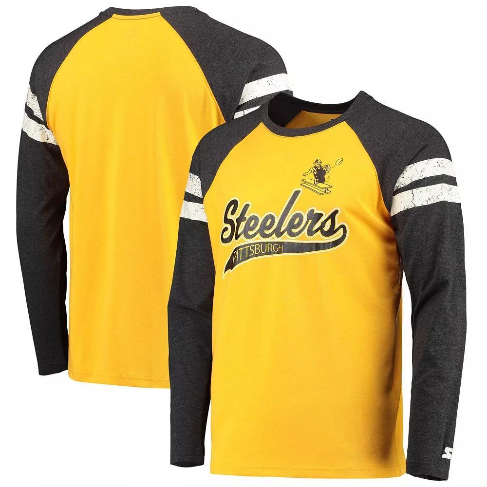 Men's Starter Gold/Black Pittsburgh Steelers Throwback League Raglan Long Sleeve Tri-Blend T-Shirt, Size: Medium Product Image
