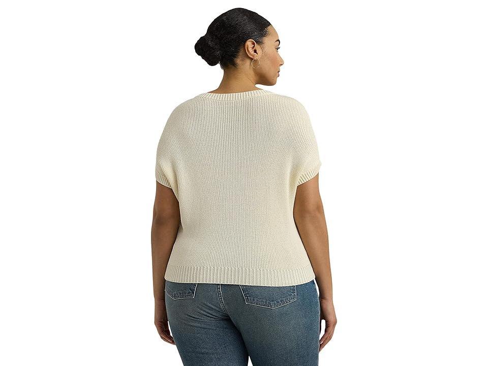 Lauren Ralph Lauren Plus Size Rib-Knit Short-Sleeve Sweater (Mascarpone Cream) Women's Clothing Product Image
