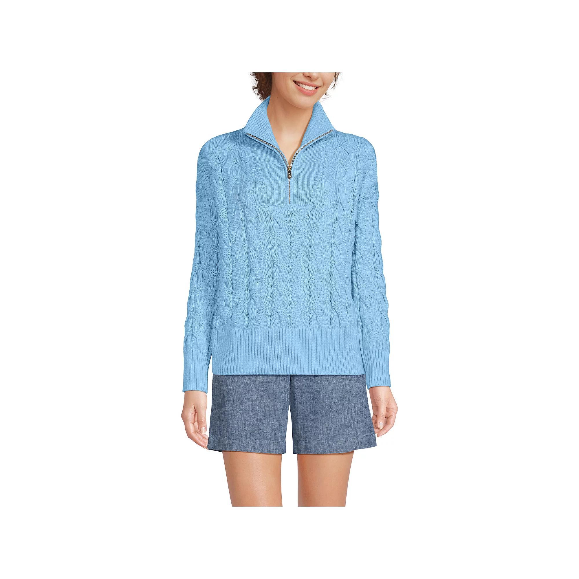 Women's Lands' End Drifter Cable Quarter Zip Sweater, Size: XL, Fresh Ivory Stripe Product Image