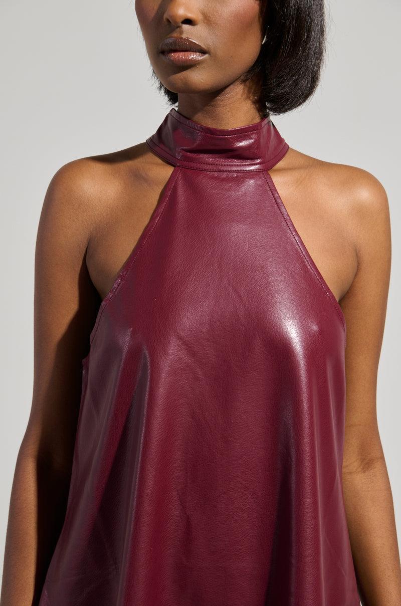TAKE IT EASY PU MINI DRESS IN BURGUNDY Product Image