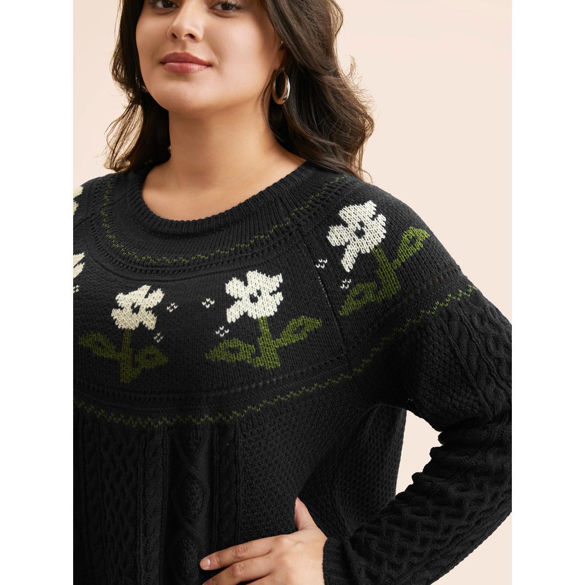 Plus Size Floral Jacquard Raglan Sleeve Pullover Black Women Casual Long Sleeve Round Neck Everyday Pullovers BloomChic 12/L Product Image