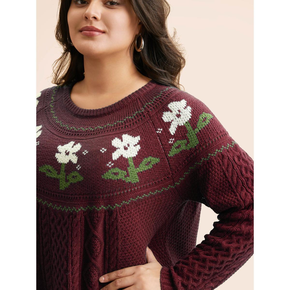 Plus Size Floral Jacquard Raglan Sleeve Pullover Deepred Women Casual Long Sleeve Round Neck Everyday Pullovers BloomChic 26/4X Product Image
