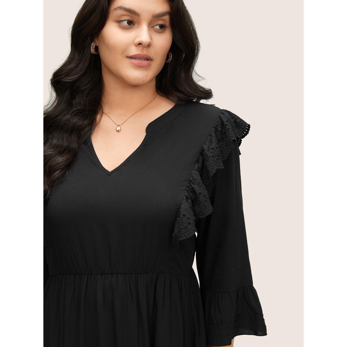 Plus Size Solid Laser Cut Flutter Trim Bell Sleeve Dress Black Women Elegant Non Notched collar Elbow-length sleeve Curvy Knee Dress BloomChic 10/M Product Image