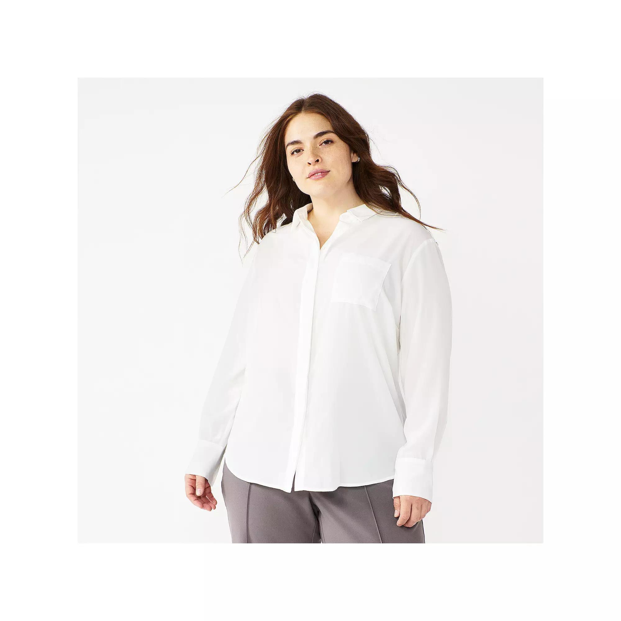 Plus Size Nine West Drapey Button Down Shirt, Women's, Size: 1XL, Mineral Black Product Image
