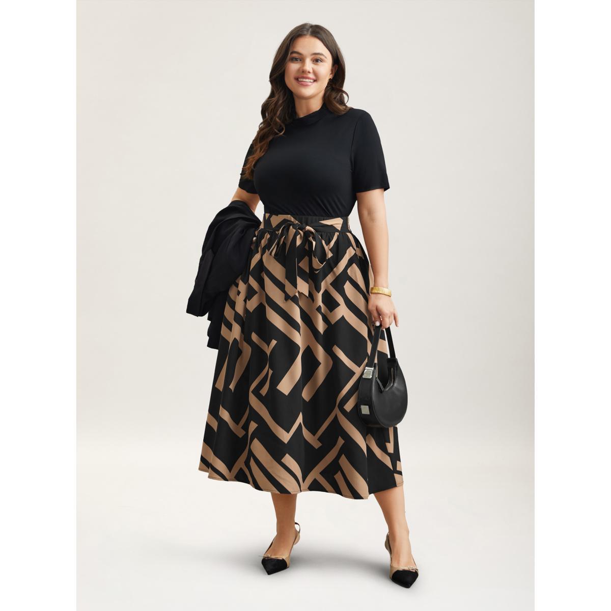 Plus Size Geo Print Colorblock Waist-Tie Skirt Women Tan At the Office Tie knot No stretch Slanted pocket Work Skirts BloomChic 22-24/3X Product Image