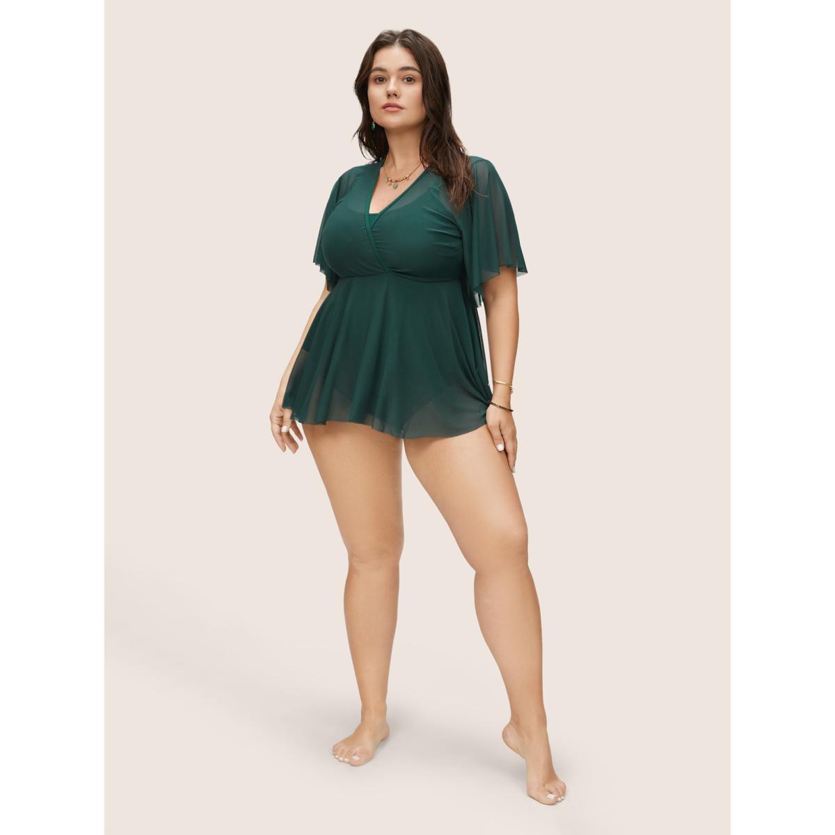 Plus Size Plain Wrap Tiered Mesh Flutter Sleeve Swim Top Women's Swimwear DarkGreen Beach Non High stretch Bodycon V-neck Curve Swim Tops BloomChic 10/M Product Image