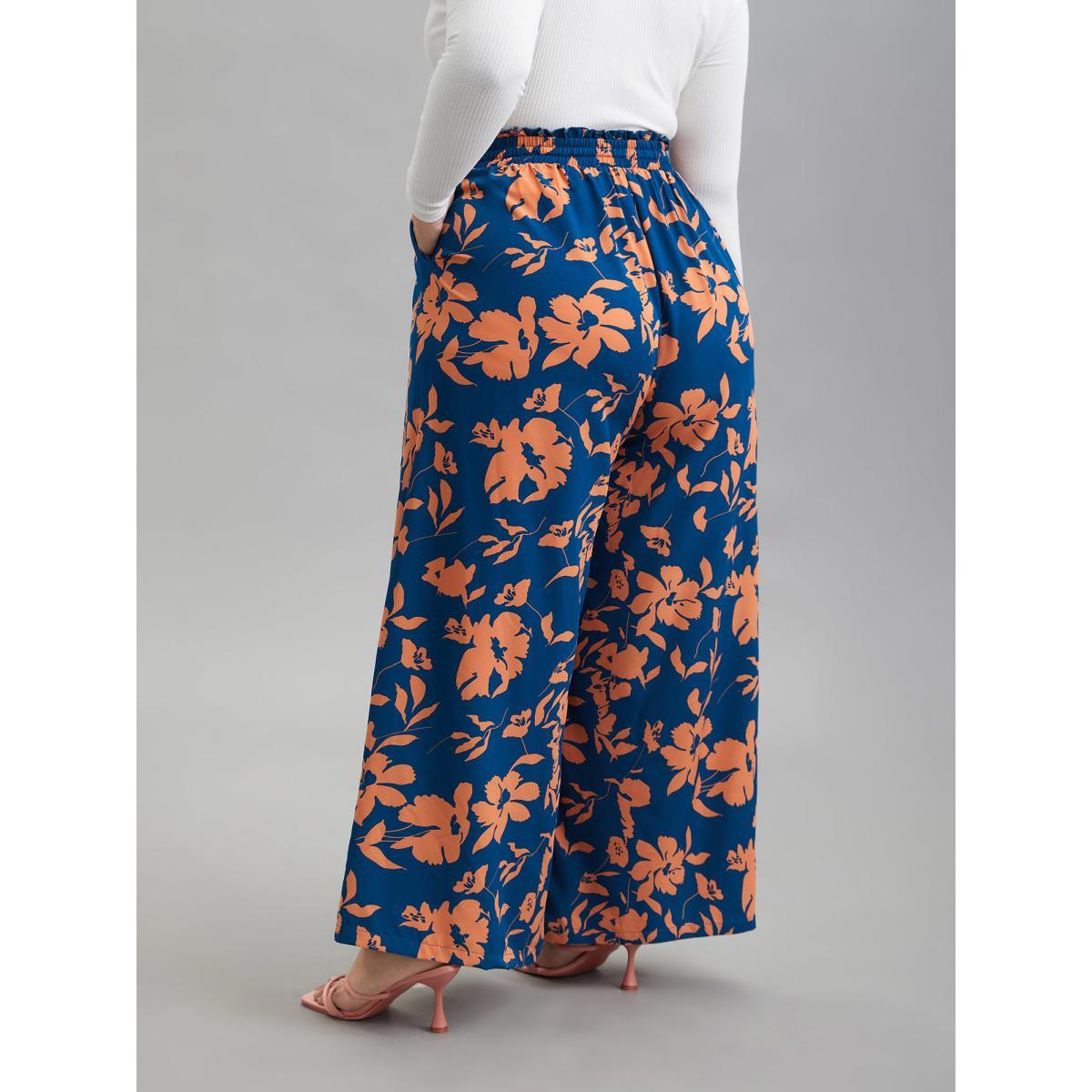 Plus Size Floral Smocked Waist Flared Leg Pants Women DarkBlue Elegant Wide Leg Mid Rise Everyday Pants BloomChic 12/L Product Image