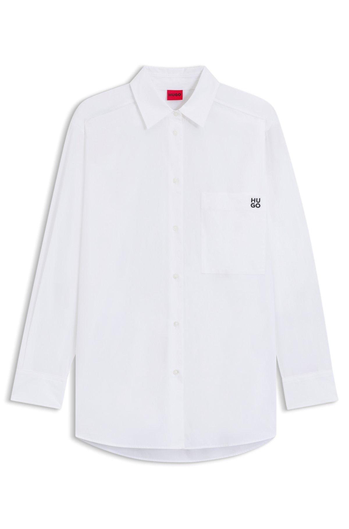 HUGO - Oversize-fit blouse in cotton canvas with embroidered logo - White Product Image