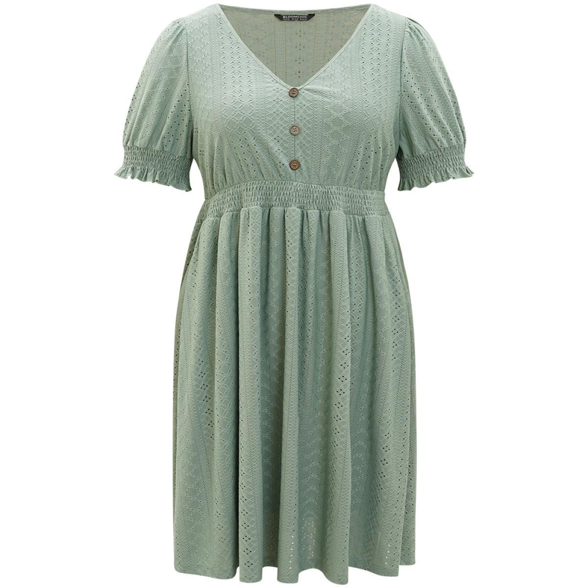 Plus Size Geometric Eyelet Pocket Button Detail Shirred Dress Sage Women Office Elastic cuffs V-neck Short sleeve Curvy Midi Dress BloomChic 22-24/3X Product Image