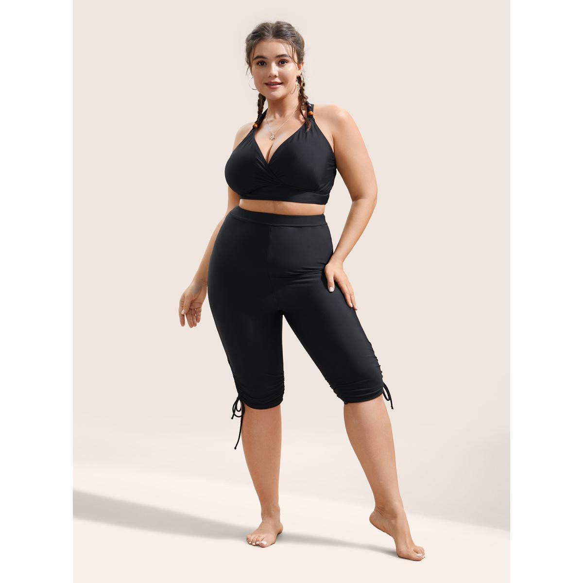 Plus Size Solid High Rise Drawstring Side Swim Bottom Women's Swimwear Black Beach Drawstring High stretch Skinny High Rise Curve Swim Bottoms BloomChic 14-16/1X Product Image