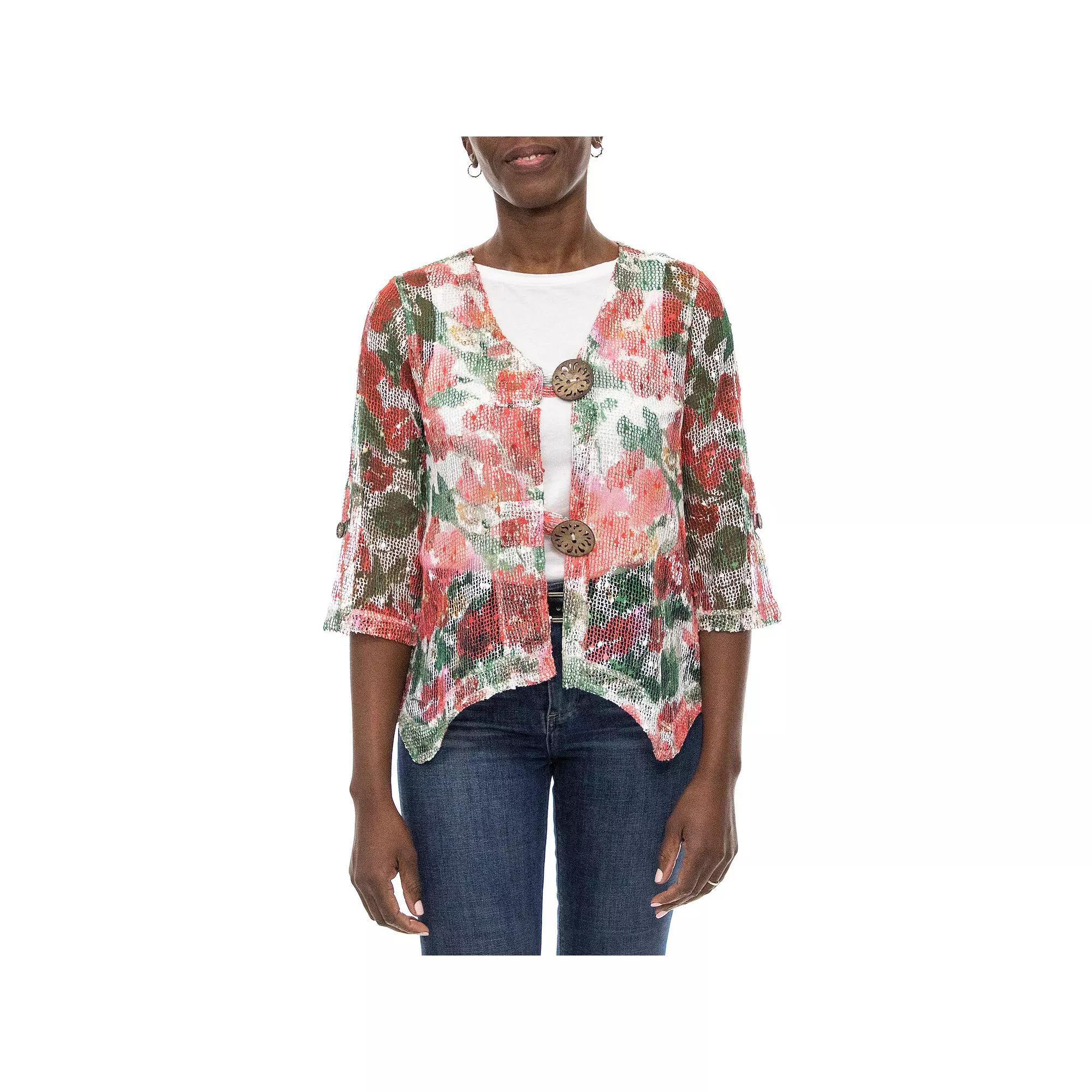 Women's Nina Leonard Print Sheer Cardigan, Size: Large, Candy Apple Team Product Image