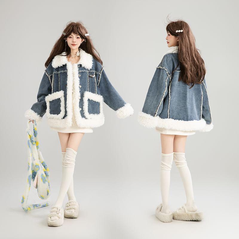 Fleece Trim Collared Button-Up Denim Jacket Product Image