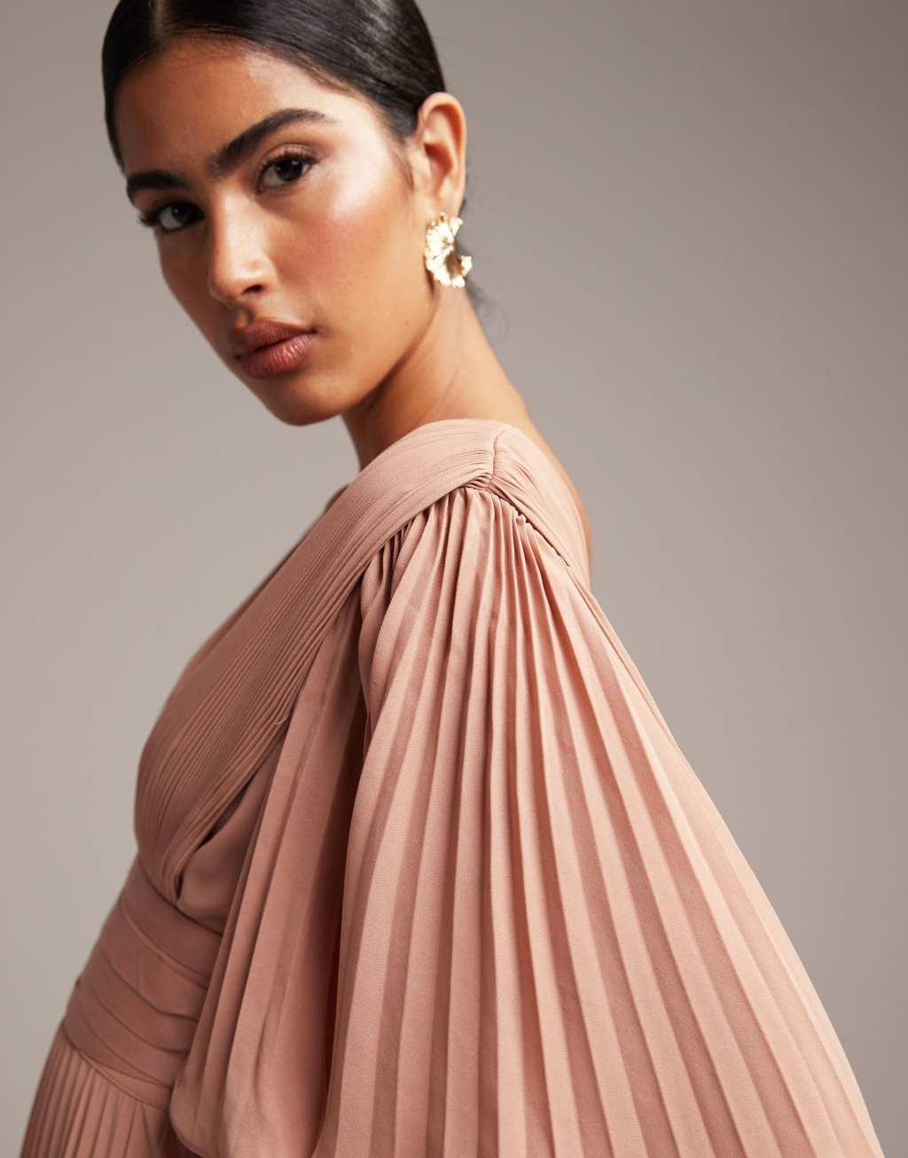 ASOS DESIGN Bridesmaid pleated flutter sleeve maxi dress with satin wrap waist Product Image