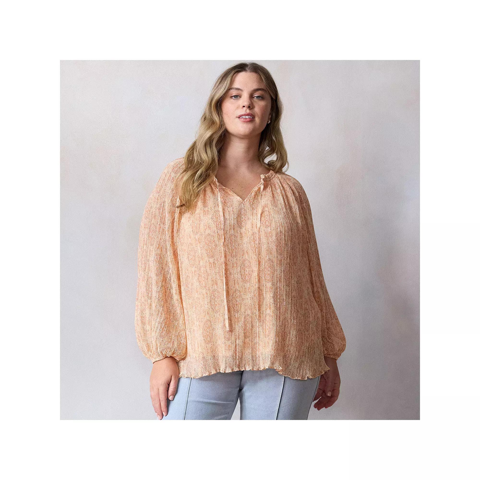 Plus Size LC Lauren Conrad Tie Front Peasant Top, Womens Pink Layla Wallpaper Product Image