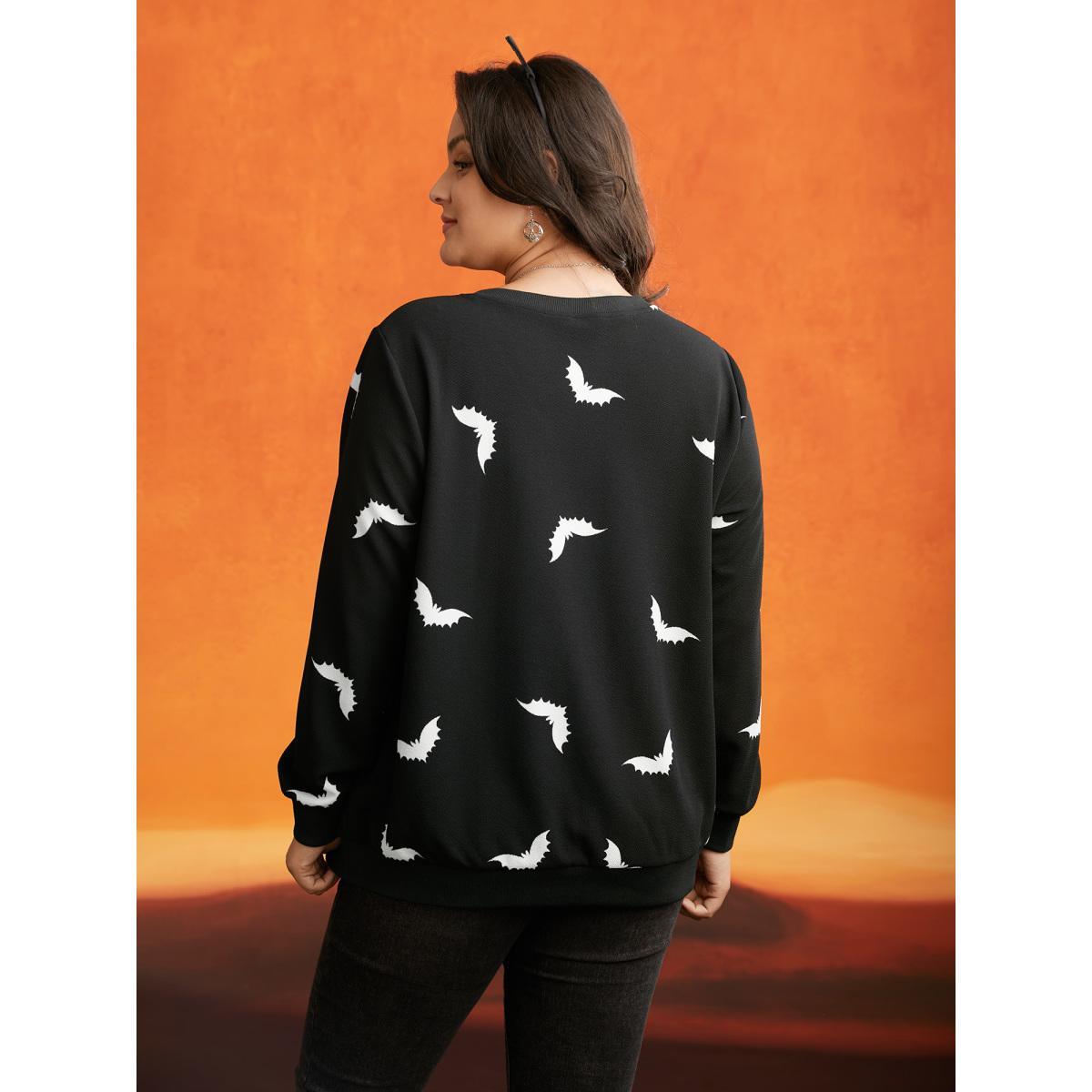 Plus Size Bat Print V-Neck Sweatshirt Women Black Casual Patchwork Loose V-neck Everyday Sweatshirts BloomChic 28/5X Product Image